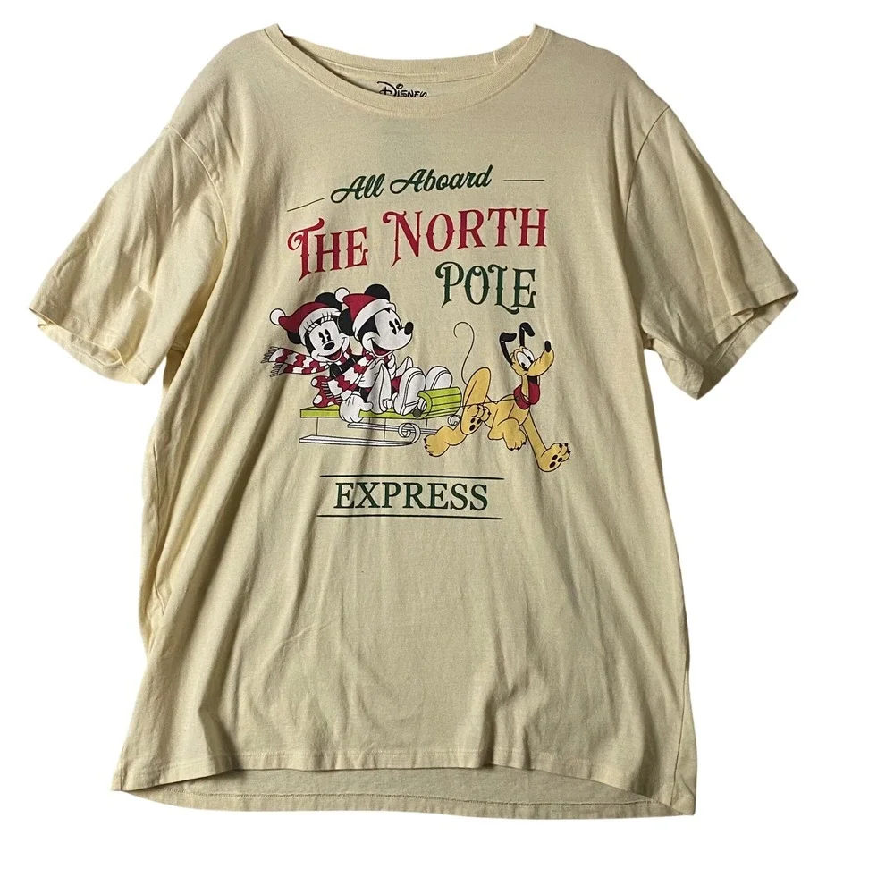 Disney Mickey Minnie Pluto North Pole Express‎ Christmas T-Shirt Cream XL